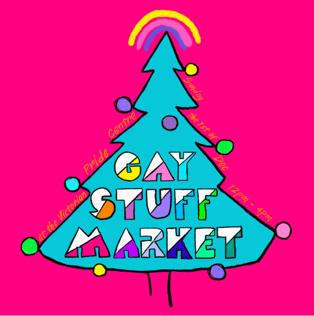 A Christmas tree outline with a rainbow as the tree topper and the words "Gay Stuff Market" on the tree. The tree is on a bright pink background